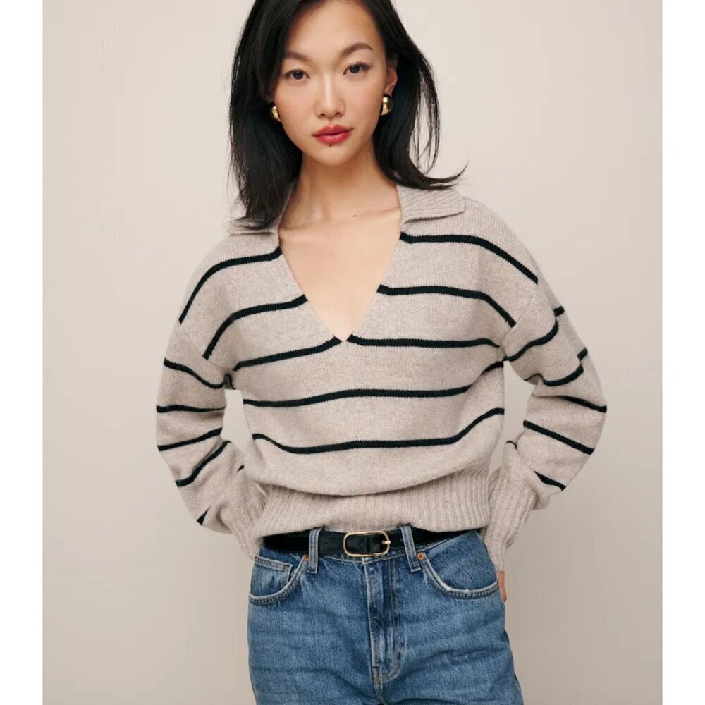 Reformation Beckie Cashmere Collared Sweater Barley Black Stripes Size Medium